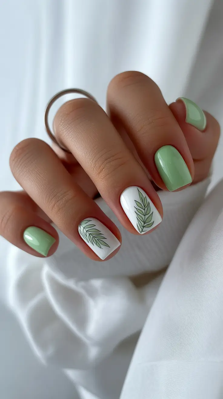 neutral nails aesthetic 2026 Pastel Green and Botanical Art