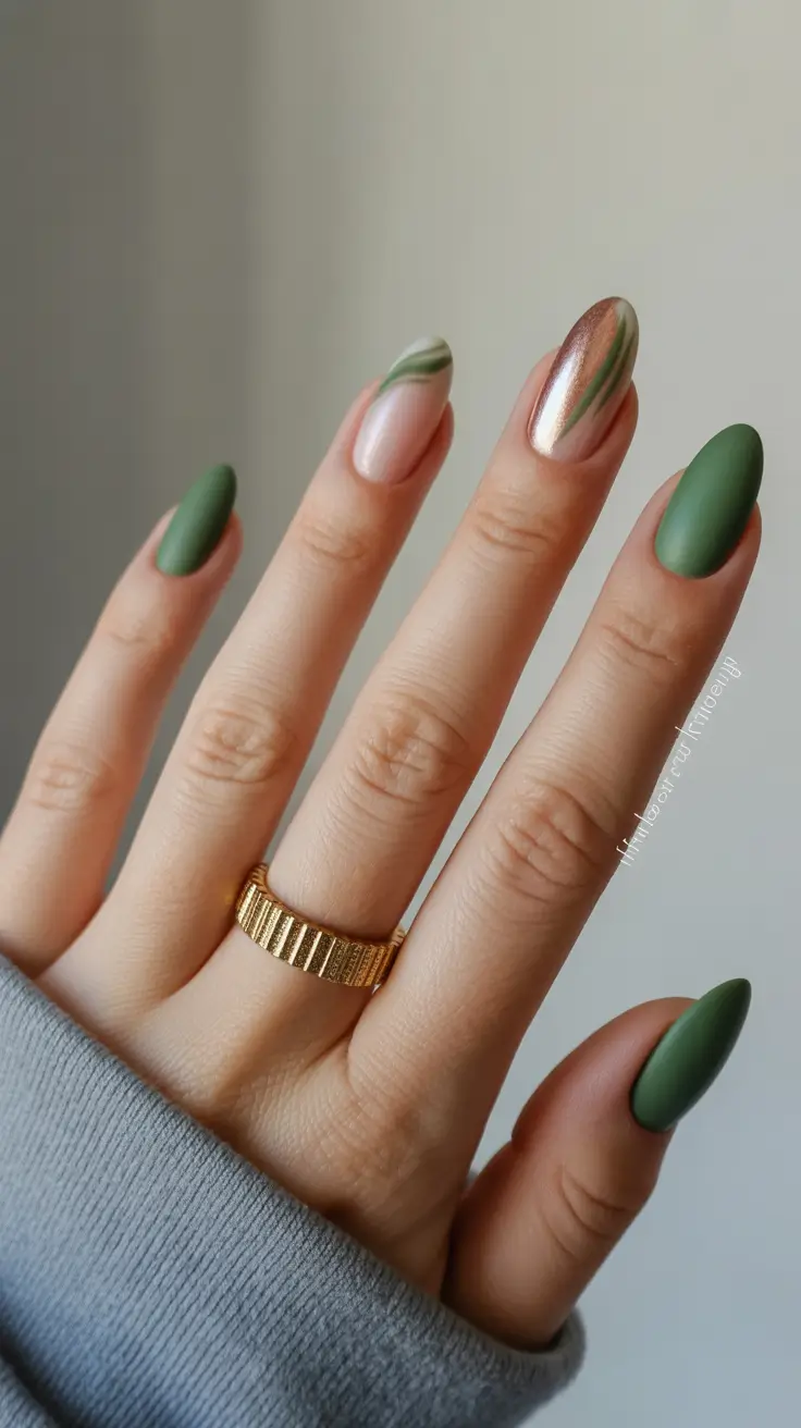 neutral nails aesthetic 2026 Matte Forest Green and Chrome Sheen