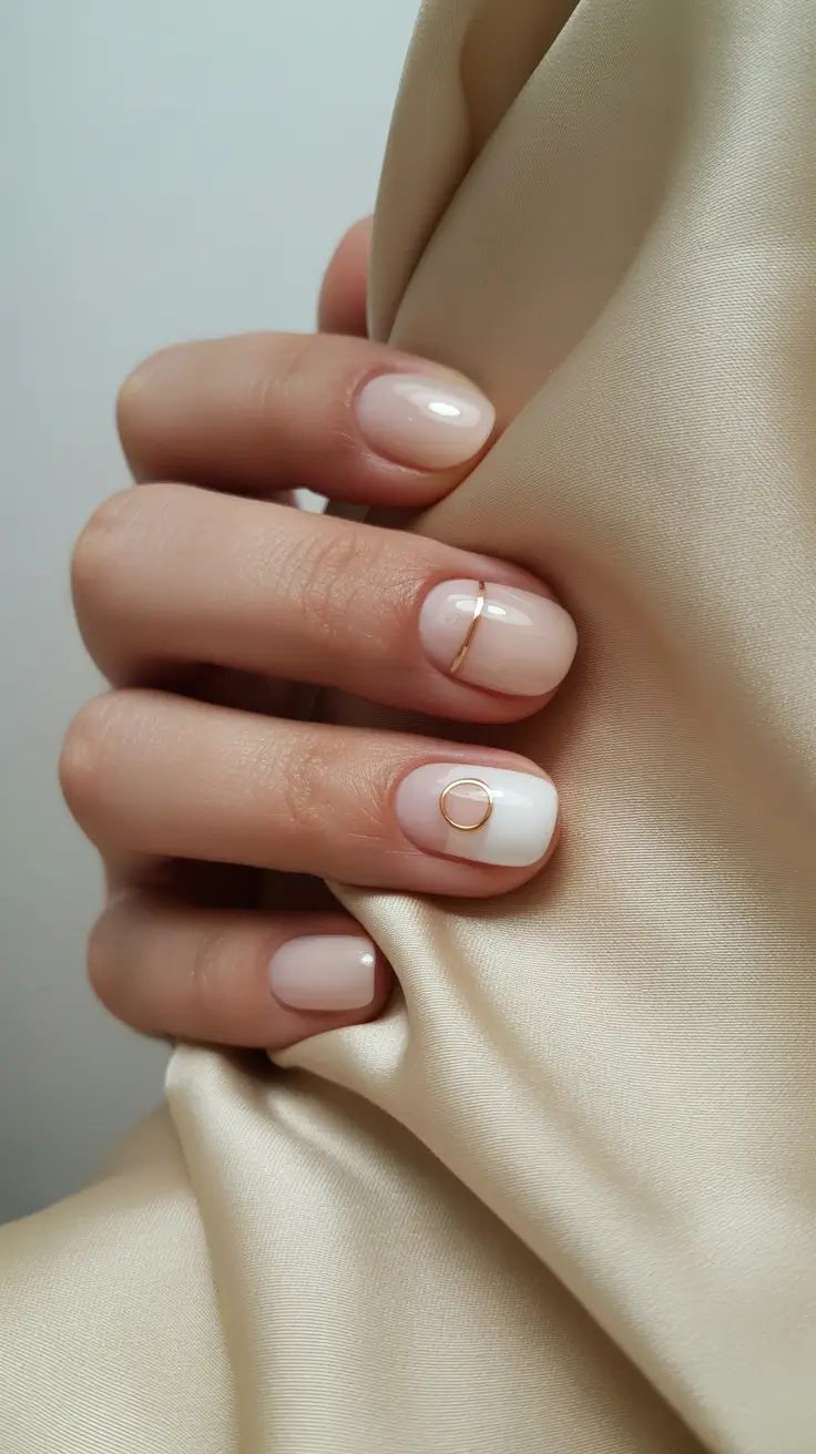 neutral nails aesthetic 2026 Minimal Neutrals With Gold Accent Rings