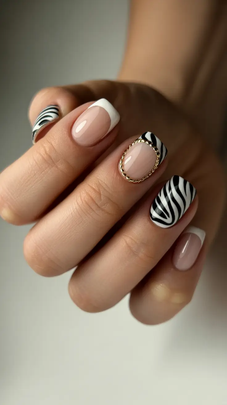 neutral nails aesthetic 2026 Zebra Neutral With Gold Framing