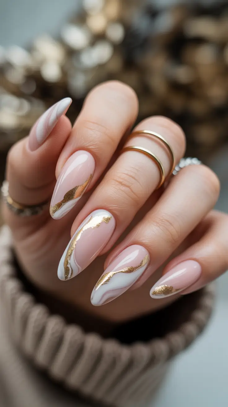neutral nails aesthetic 2026 Gold Marble Almond Waves