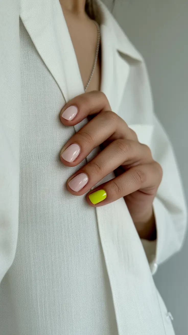 neutral nails aesthetic 2026 Soft Nude With Neon Pop