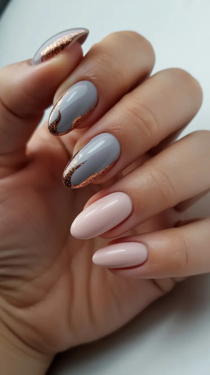 neutral nails aesthetic 2026 Rosy Almond With Copper Waves