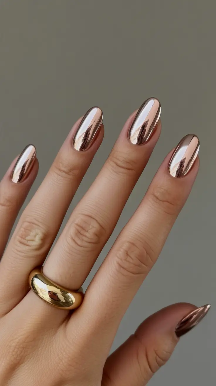 new chrome nails ideas 2026 Rose-Gold Chrome for the Soft Glam Lover