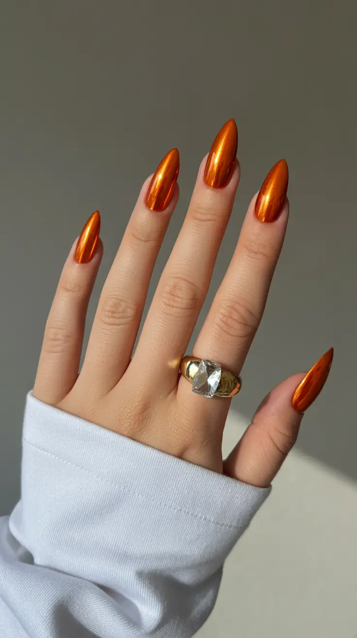 new chrome nails ideas 2026 Molten Copper Chrome for the Bold and Fiery