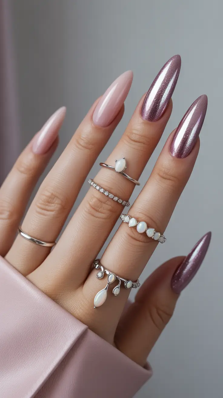 new chrome nails ideas 2026 Rose-Pearl Chrome Elegance for the Romance Lover