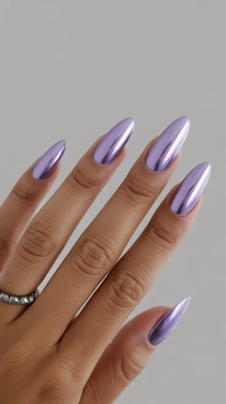 new chrome nails ideas 2026 Lavender Chrome Almond Nails for the Soft Trendsetter