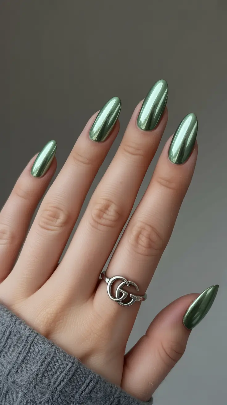 new chrome nails ideas 2026 Soft Green Almond Chrome for the Trend Follower