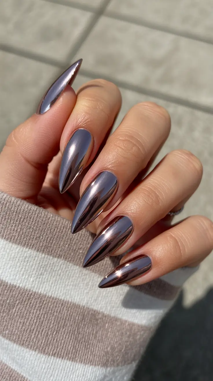 new chrome nails ideas 2026 Rose-Mauve Chrome Stilettos for the Modern Romantic