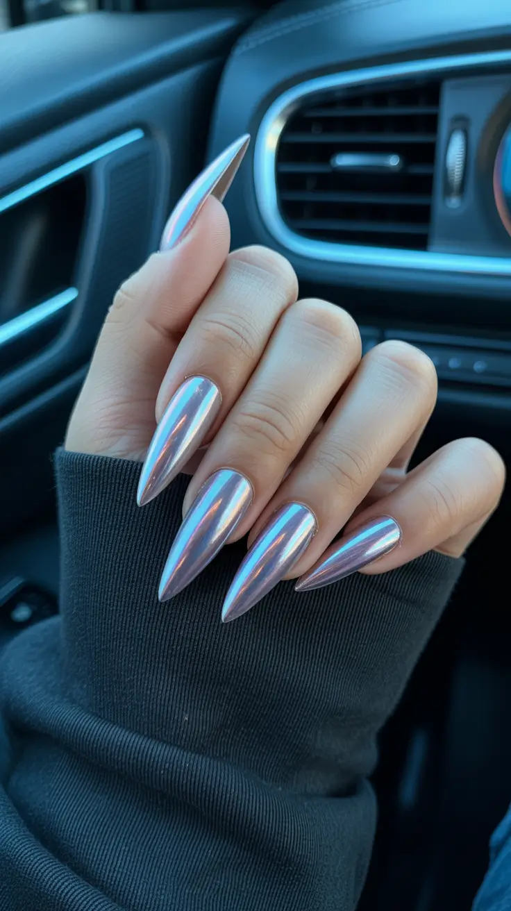 new chrome nails ideas 2026 Iridescent Silver-Pink Stilettos for the Dreamer