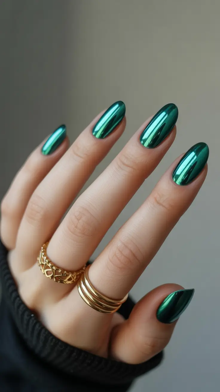 new chrome nails ideas 2026 Deep Emerald Chrome for the Luxe Minimalist