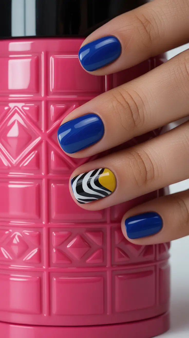 new short acrylic nails 2026 Bold Blue With Graphic Accent Art