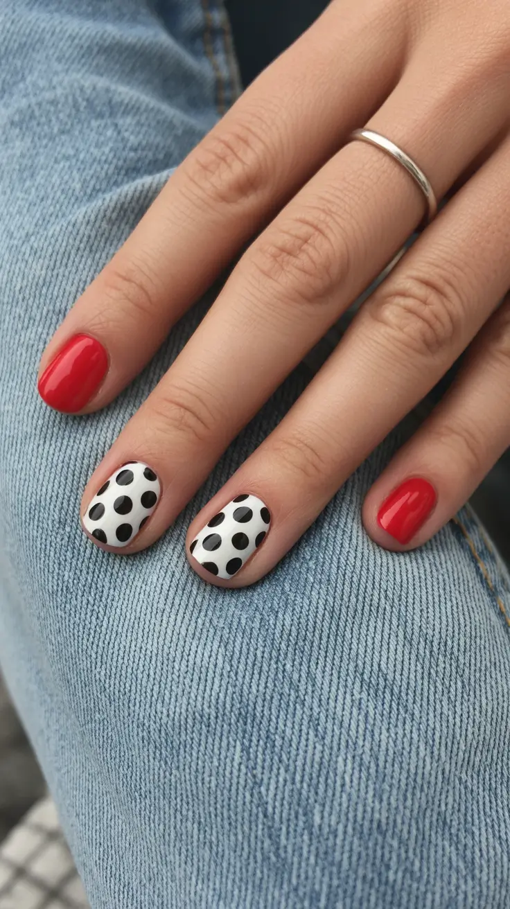 new short acrylic nails 2026 Retro Polka Dots With Classic Red