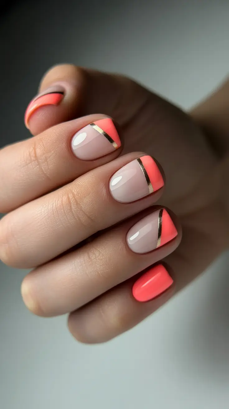 new short acrylic nails 2026 Coral French Angles With Gold Accents