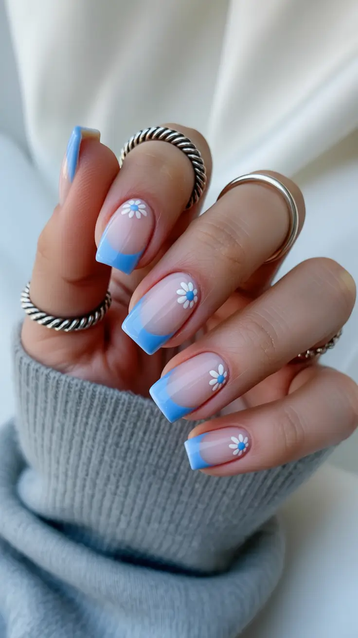 new short acrylic nails 2026 Blue French Blooms With Soft Daisy Accents