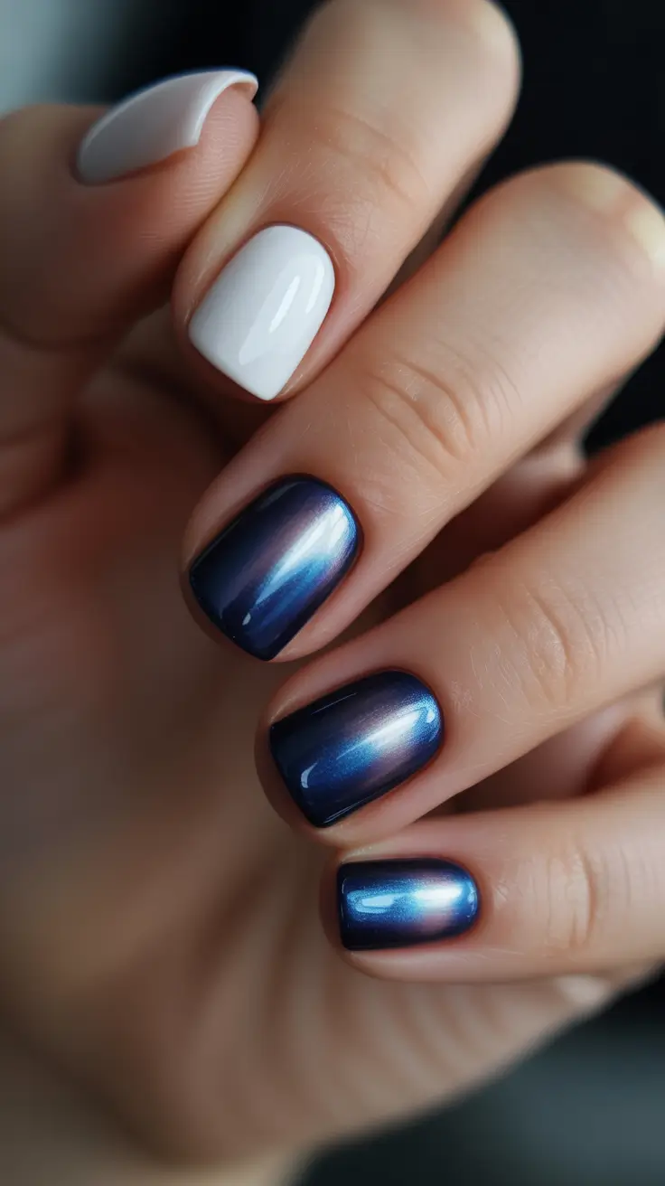 new short acrylic nails 2026 Midnight Chrome With Icy Contrast