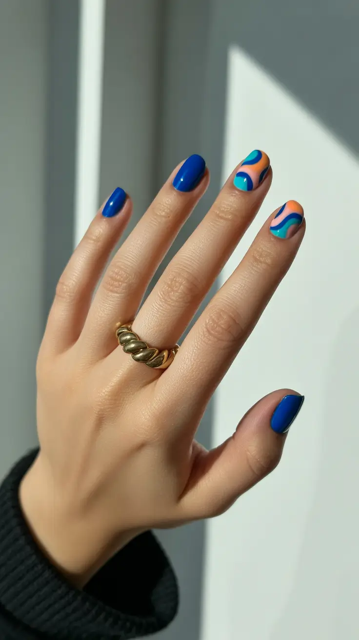 new short acrylic nails 2026 Electric Blue Waves With Retro Flair