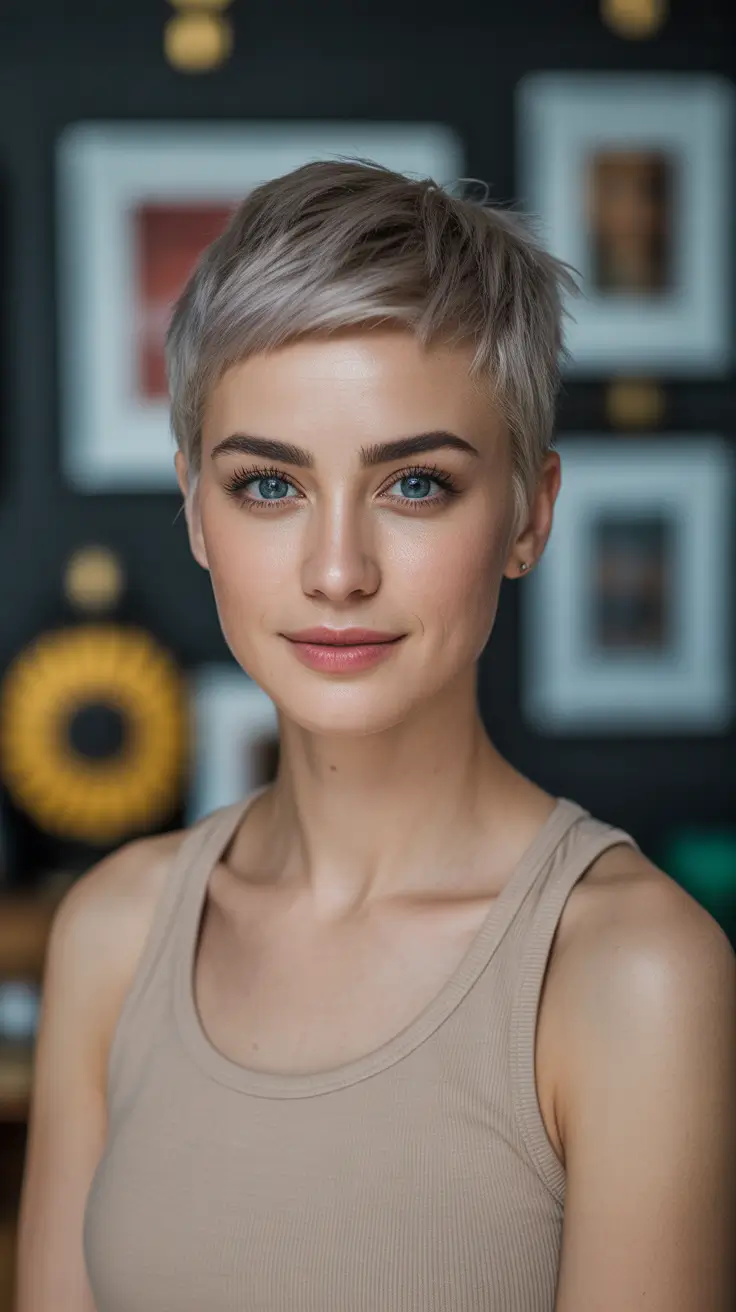 Pixie haircut inspiration 2026 Soft Ash Blonde Pixie with Light Texture