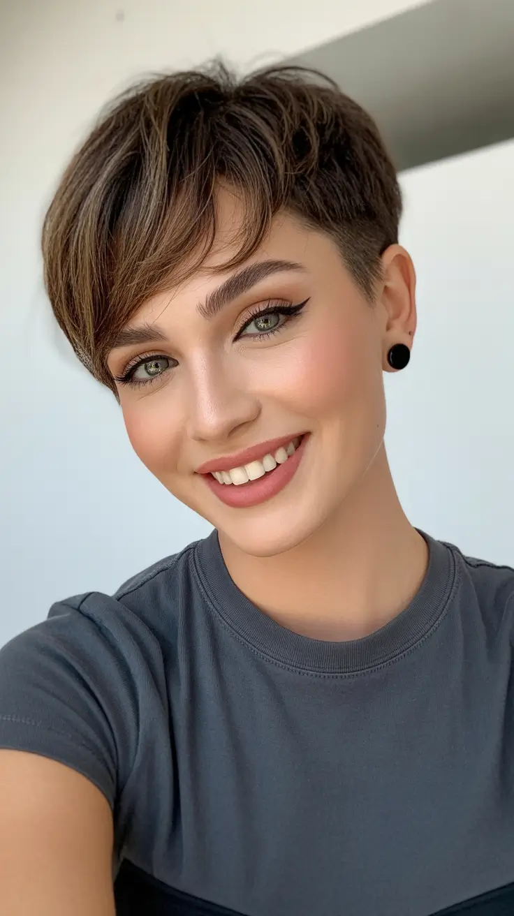 Pixie haircut inspiration 2026 Soft Brunette Pixie with Side Volume