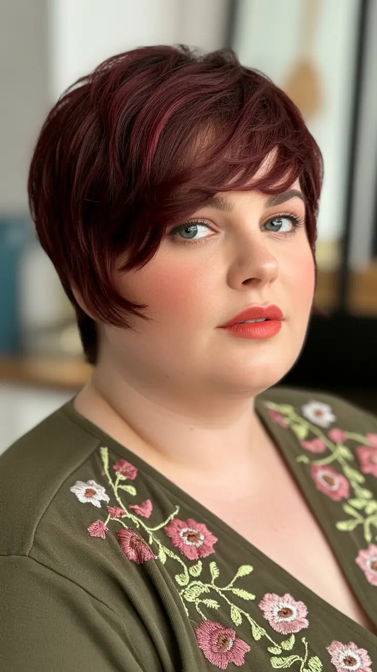 Plus size women haircut ideas 2026 Deep Red Shag with Playful Layers