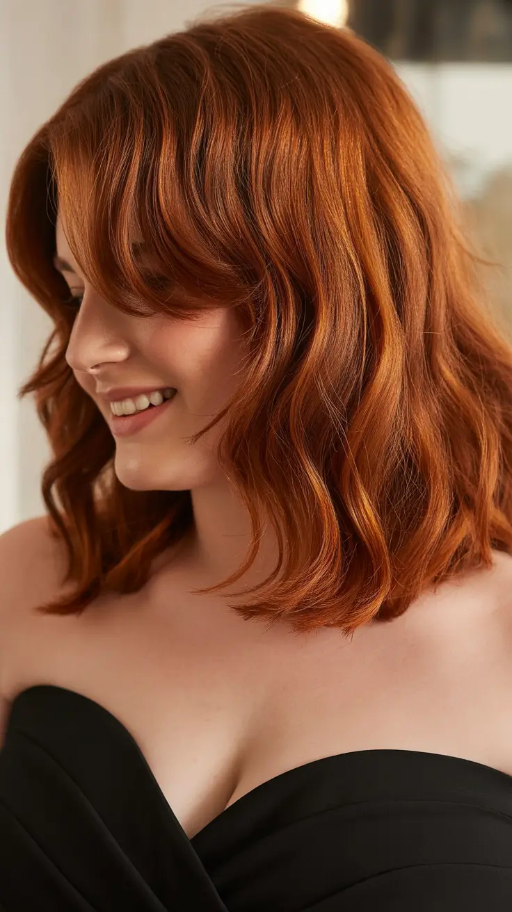 Plus size women haircut ideas 2026 Copper Waves with Side Bangs