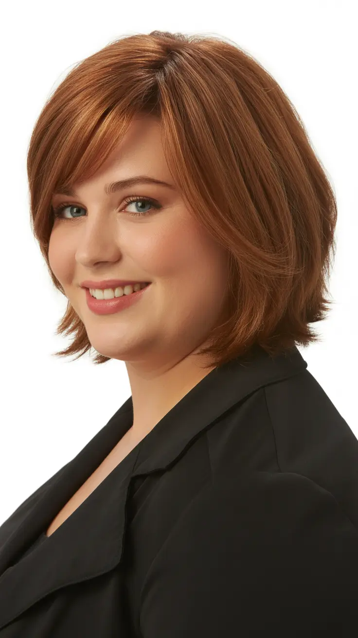 Plus size women haircut ideas 2026 Polished Auburn Layers with Side Sweep