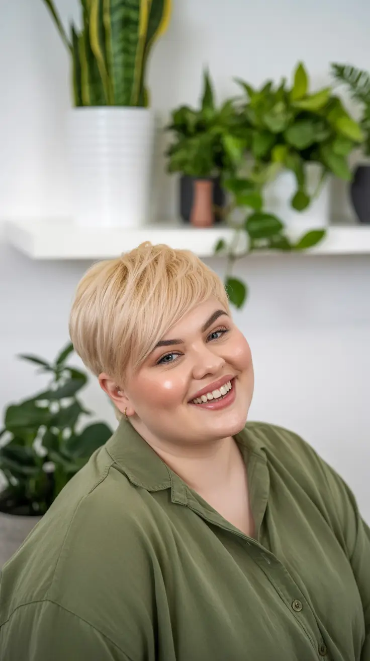 Plus size women haircut ideas 2026 Soft Blonde Pixie for Radiant Simplicity
