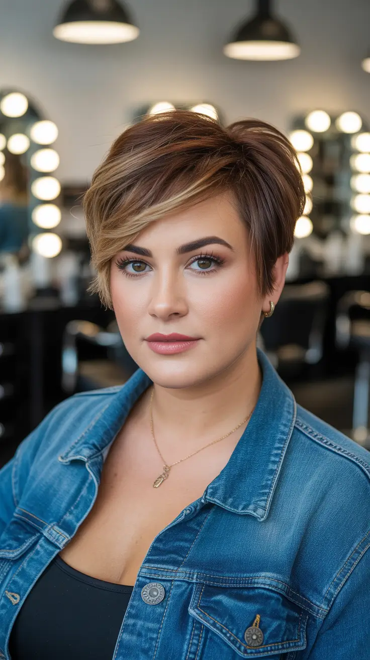 Plus size women haircut ideas 2026 Chic Long Pixie with Dimensional Highlights