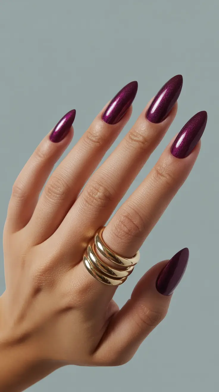 purple nails 2026 Shimmering Plum Metallic With Sculpted Almond Shape