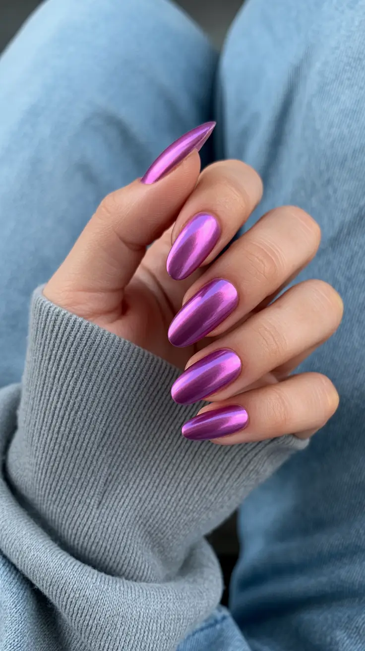purple nails 2026 Vibrant Chrome Orchid With Soft Round Curves