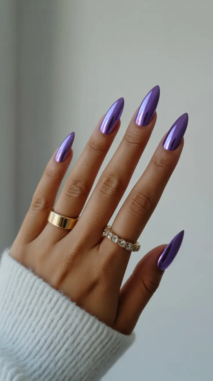 purple nails 2026 Cool-Lilac Mirror Shine With Elongated Elegance