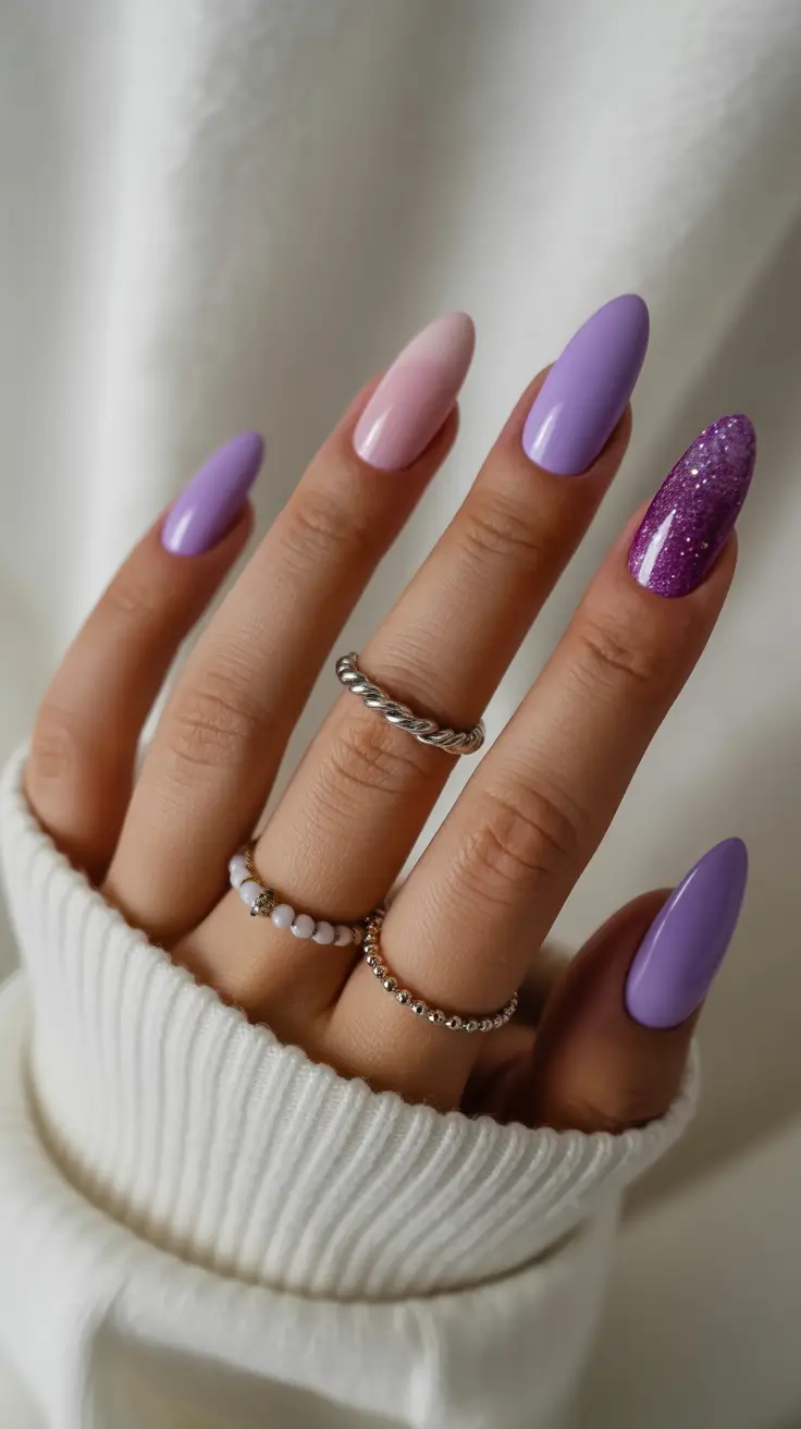 purple nails 2026 Lavender Harmony With Soft Pink and Glitter Accent