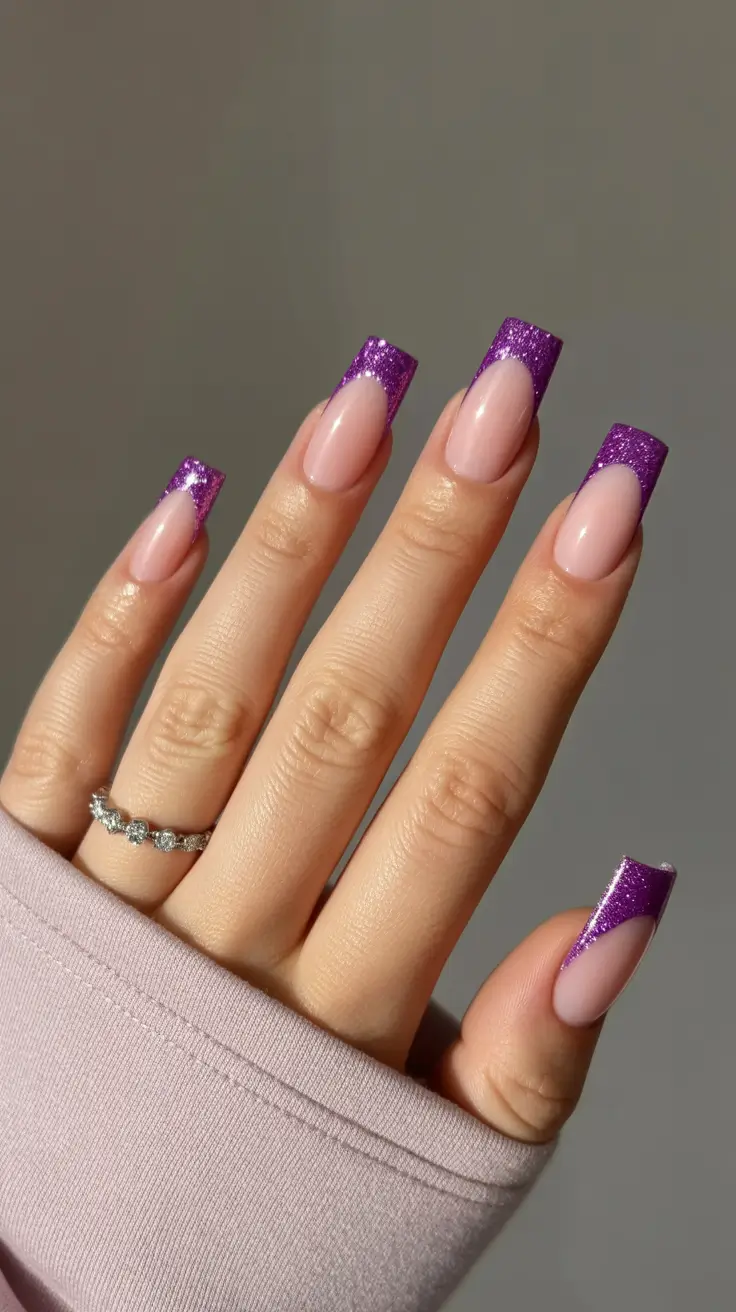 purple nails 2026 Glitter-Crowned French Tips in Purple Sparkle