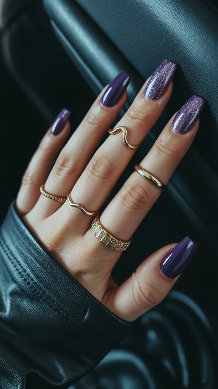 purple nails 2026 Deep Violet Shine With Textured Glitter Accents