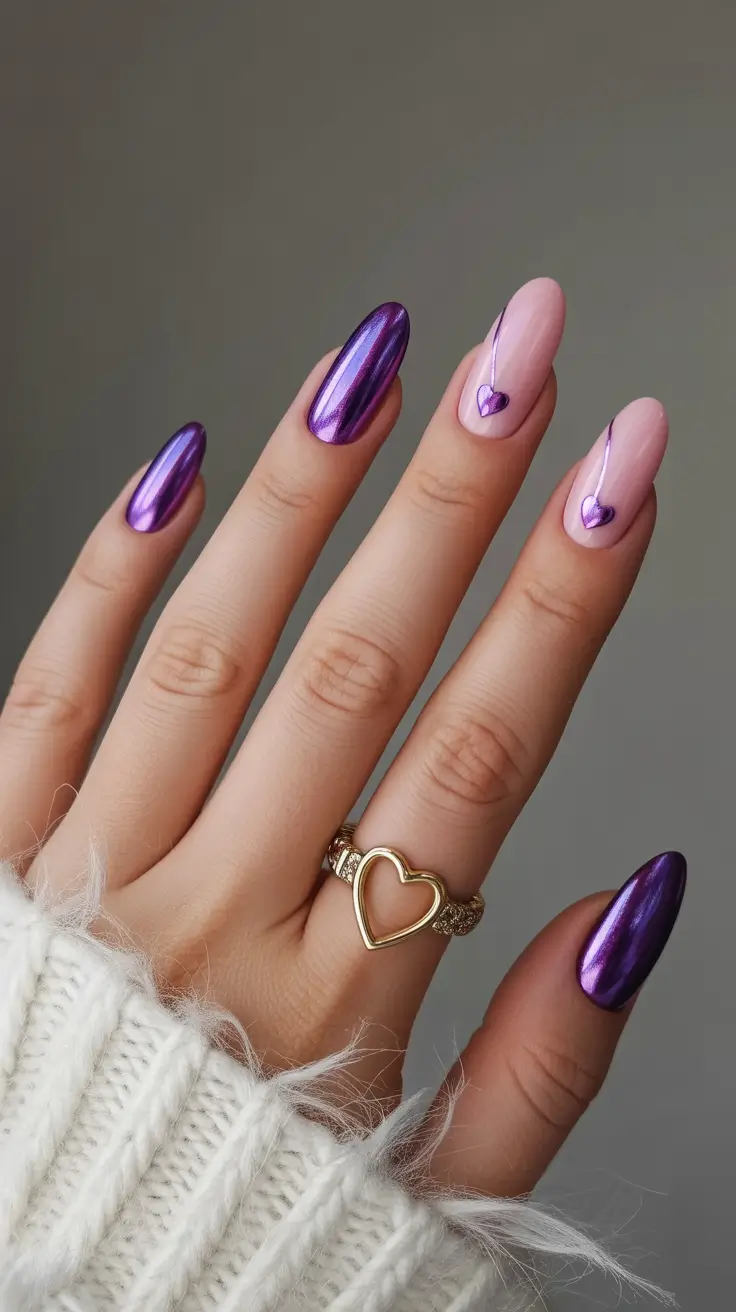 purple nails 2026 Chrome Violet Romance With Heartline Details