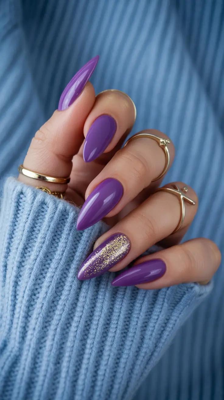 purple nails 2026 Golden Stardust on Vivid Orchid