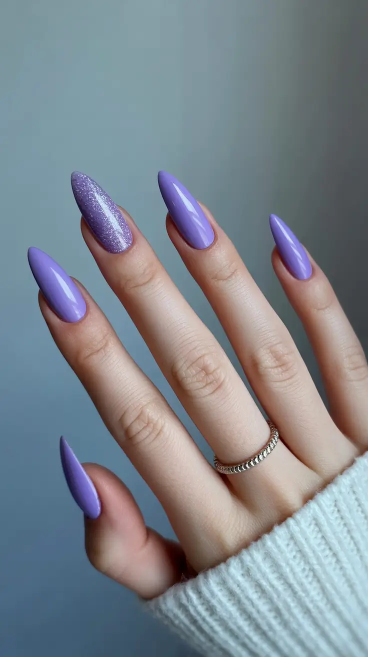 purple nails 2026 Soft Orchid Glow With Glittered Accent Shine