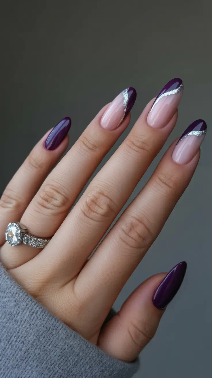 purple nails 2026 Curved Plum Tips With Ribboned Silver Accents