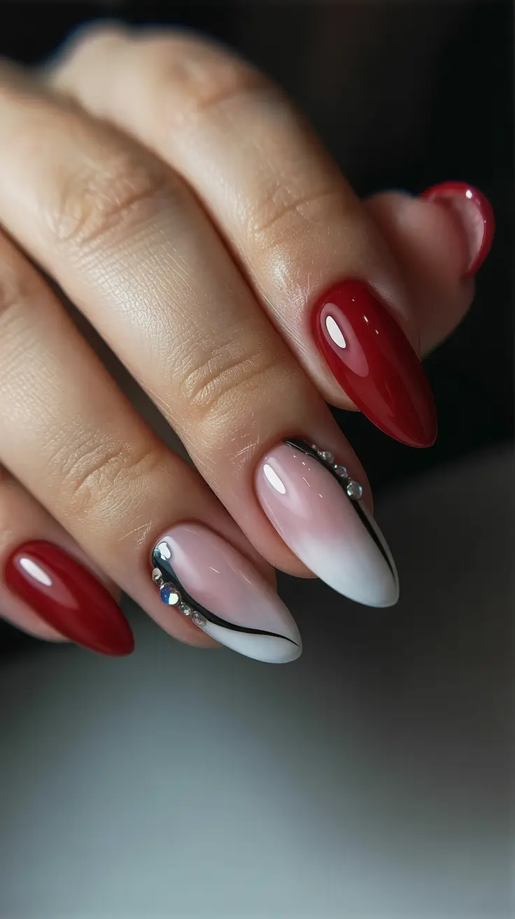 red nails trend 2026 Elegant Red and White Almond With Crystal Lining