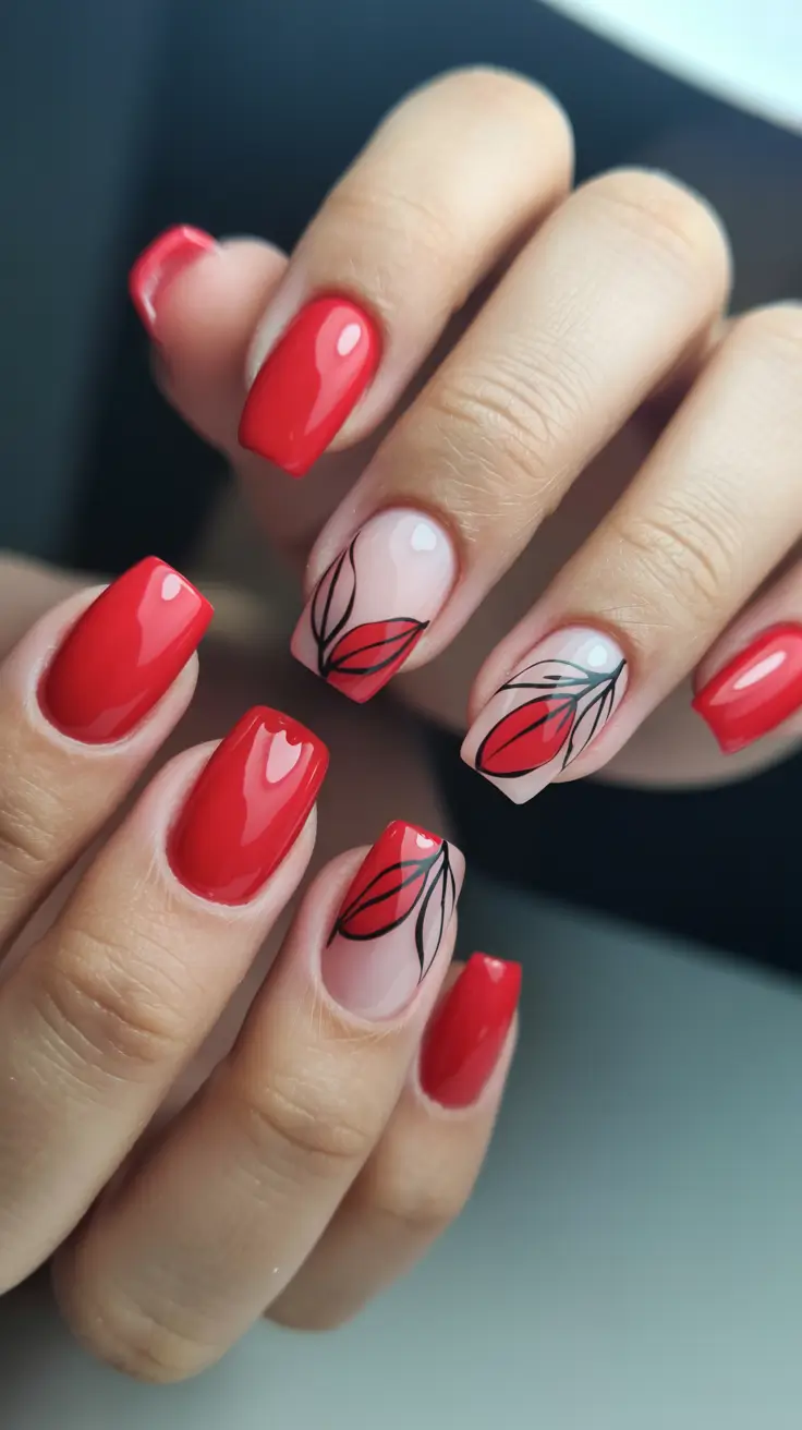 red nails trend 2026 Red Squares With Minimal Botanical Art