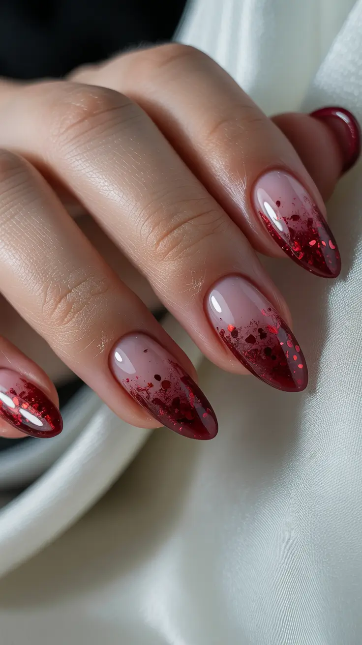 red nails trend 2026 Deep Red Gradient With Sparkling Tips
