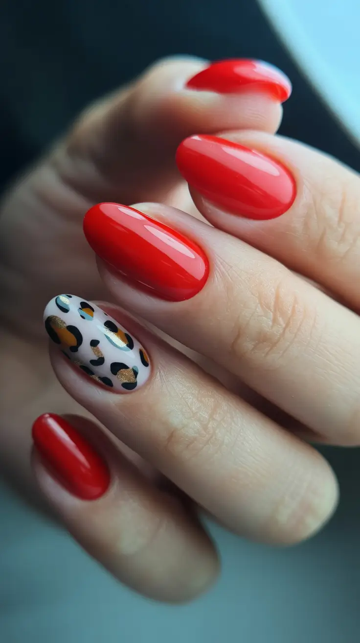 red nails trend 2026 Bright Red Almond With Leopard Accent