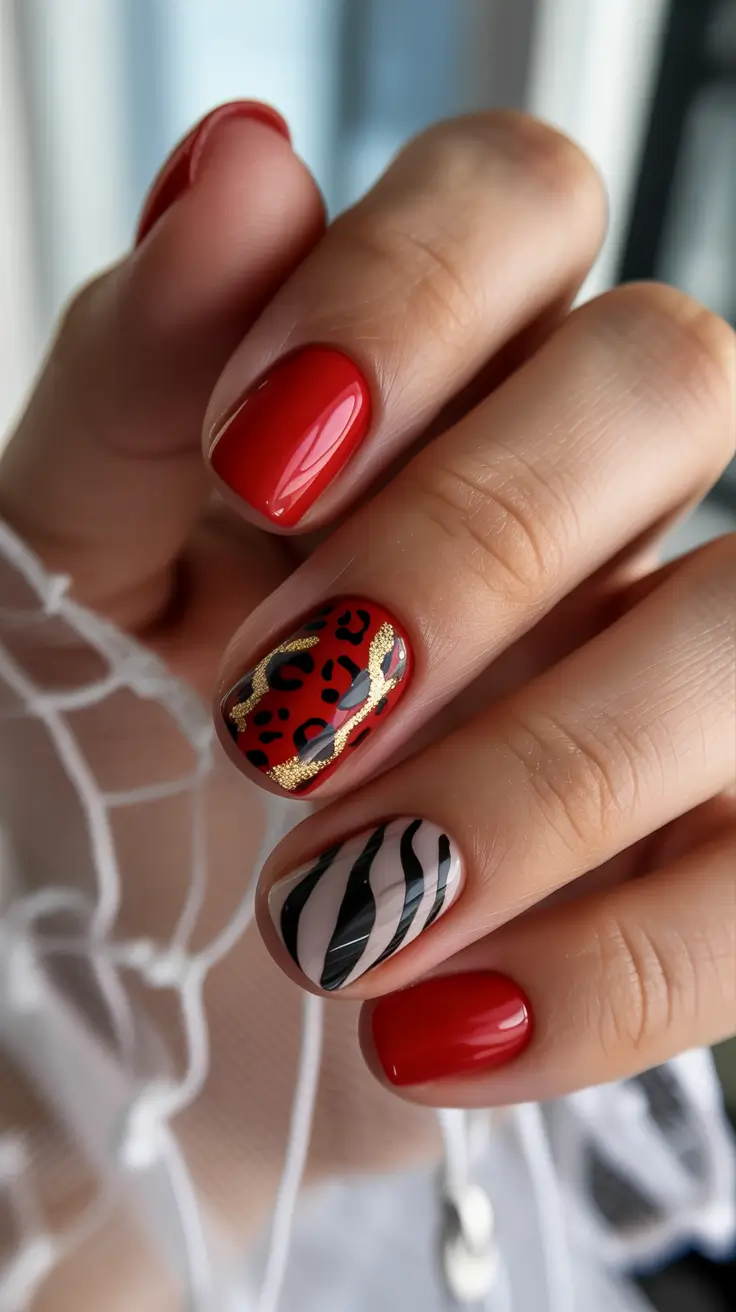 red nails trend 2026 Short Red Nails With Mixed Animal Prints