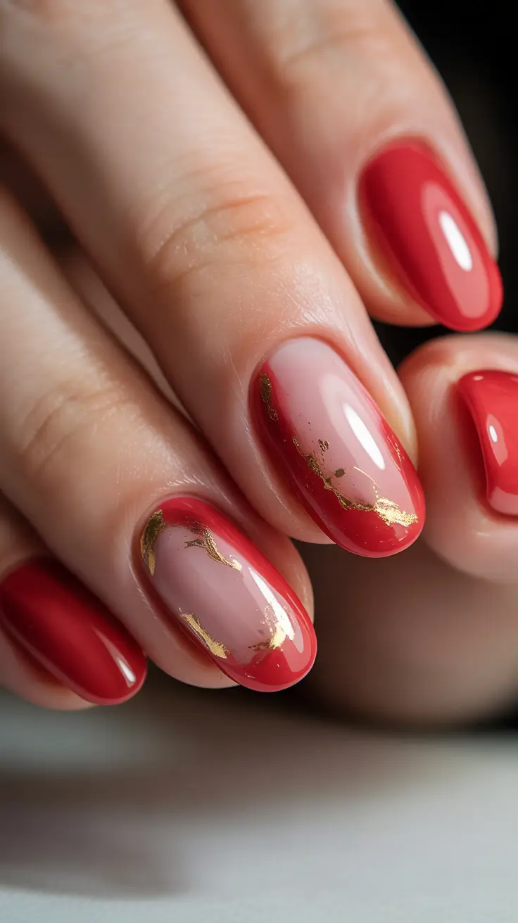 red nails trend 2026 Red Almond Nails With Gold Accents and a Natural Base