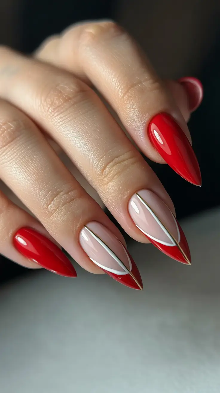 red nails trend 2026 Red Almond Nails With Clean Line Detailing