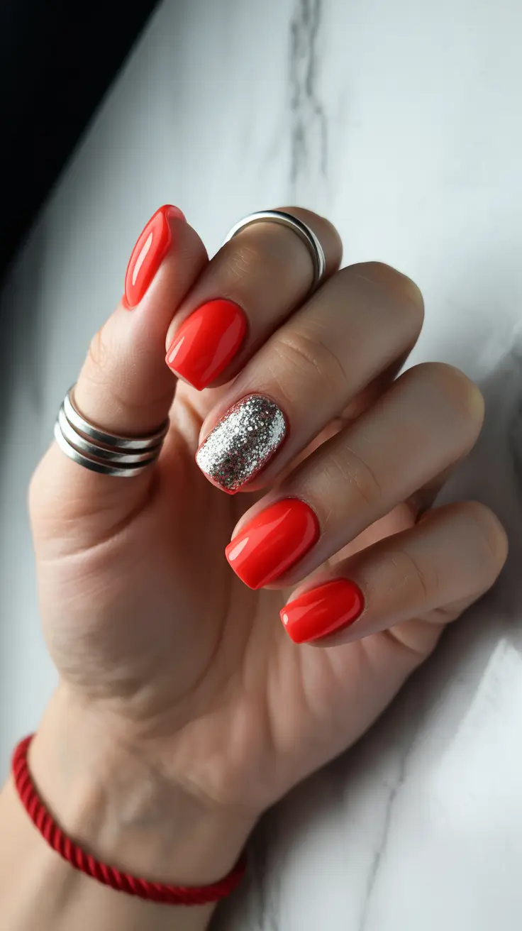red nails trend 2026 Warm Red With a Silver Sparkle Statement