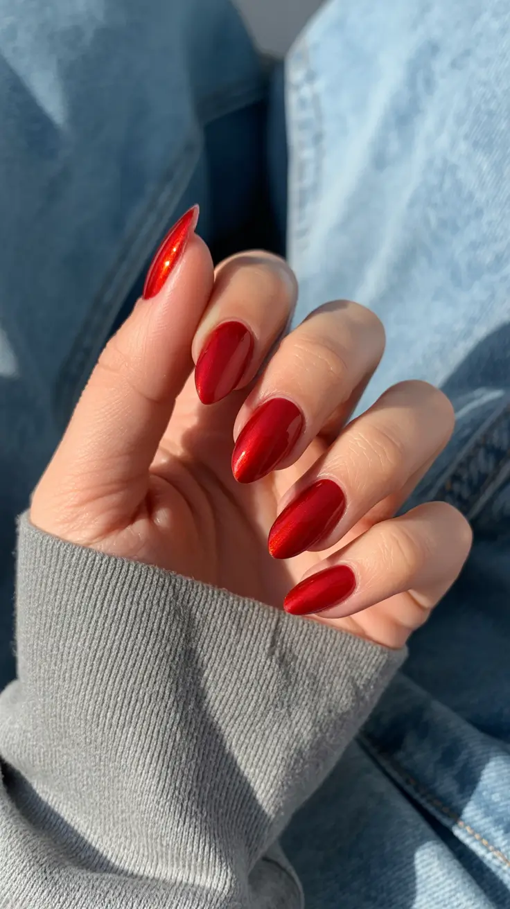 red nails trend 2026 Glowing Red Almond With Soft Metallic Reflection