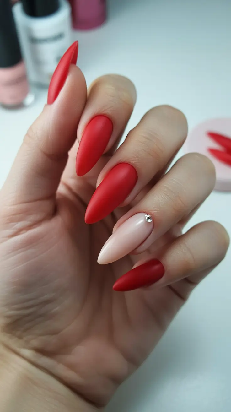 red nails trend 2026 Matte Red With a Minimal Nude Accent