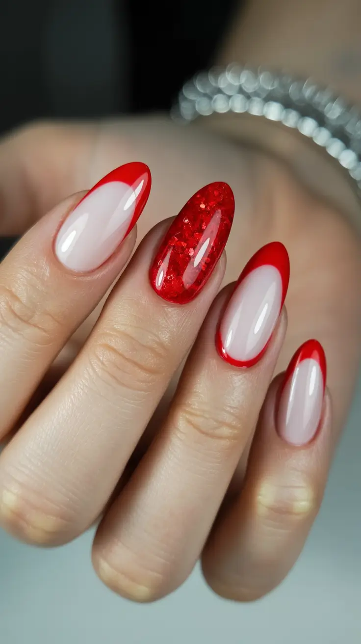 red nails trend 2026 Soft Red French With a Textured Accent
