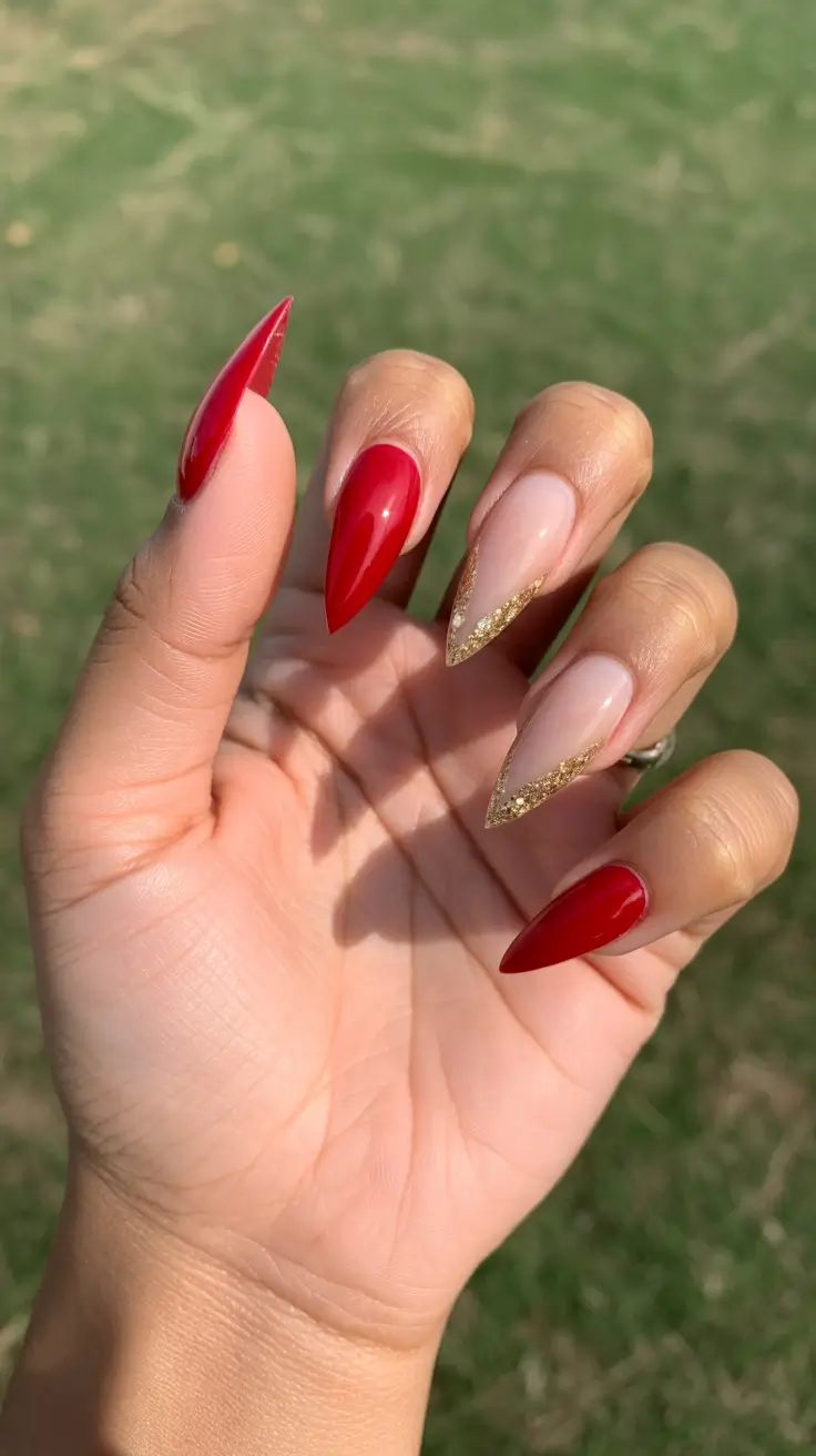 red nails trend 2026 Red Almond Tips With Gold Accents